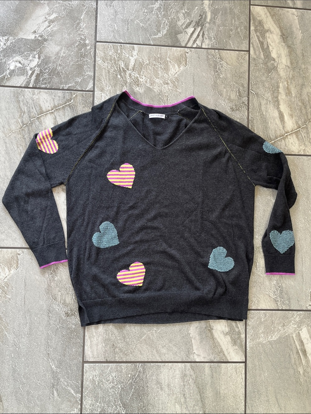 💛 Zaket & Plover Cashmere Cotton Blend Sweater Size Large Heart Grey Whimsy